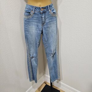 Embroidered Boho Jeans Womens 8P Cowgirl Coastal Skinny Distressed Cottage Fairy